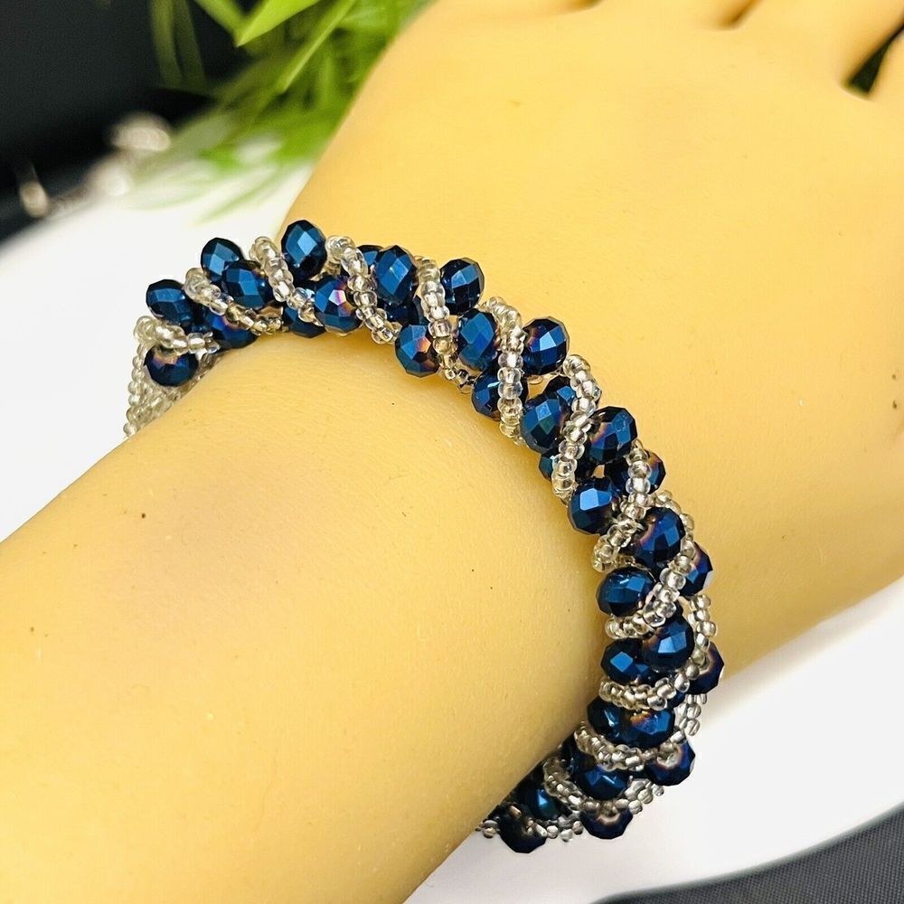 Sparkling Beaded Braided Bracelet Magnetic Clasp Faceted Blue Clear Beads 4412
